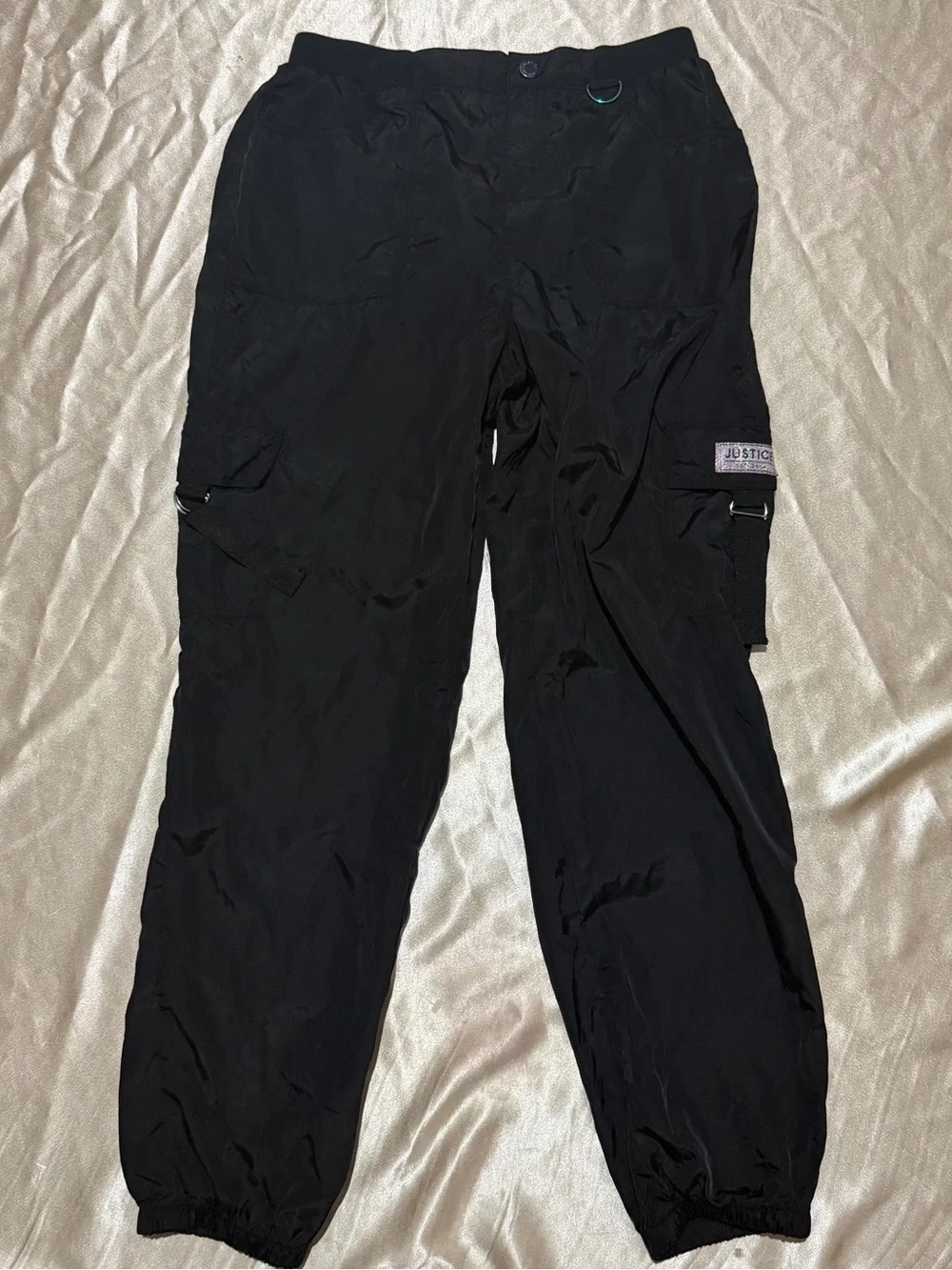 Justice Black Nylon Cargo Jogger Pants with Logo Patch Girl’s XL 16/18
